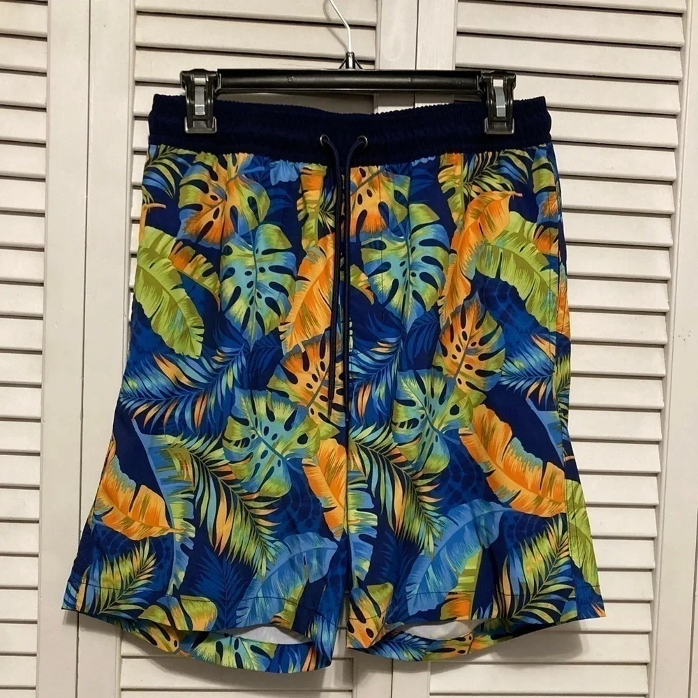 Mens Hot Coals Orange And Blue Palm Leaf Swim Trunks Size Medium